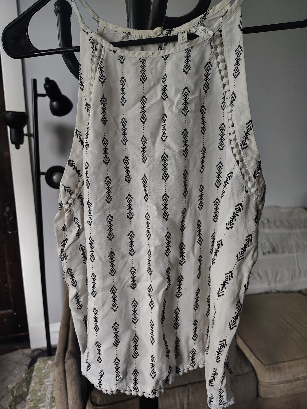 Mudd White Tank Top with Black Aztec Motif